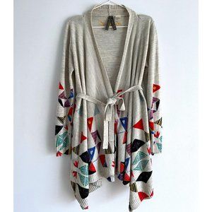 Desigual Asymmetric Open Knit Long Cardigan Colorful Geometric Belt Sweater Sz M